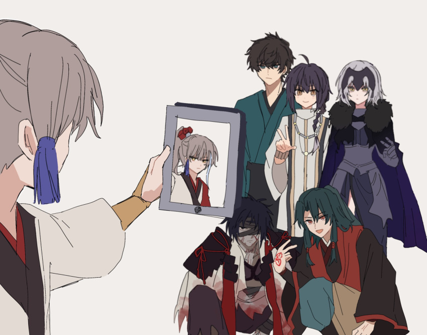 1girl, 1other, 4boys, amulet, androgynous, archer_(fate/samurai_remnant), arm_guards, armor