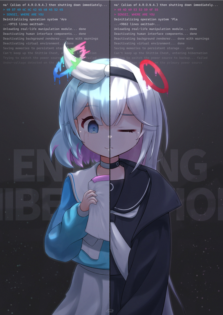 2girls, arona_(blue_archive), blue_archive, blue_eyes, blue_hair, blue_halo, blunt_bangs, bow