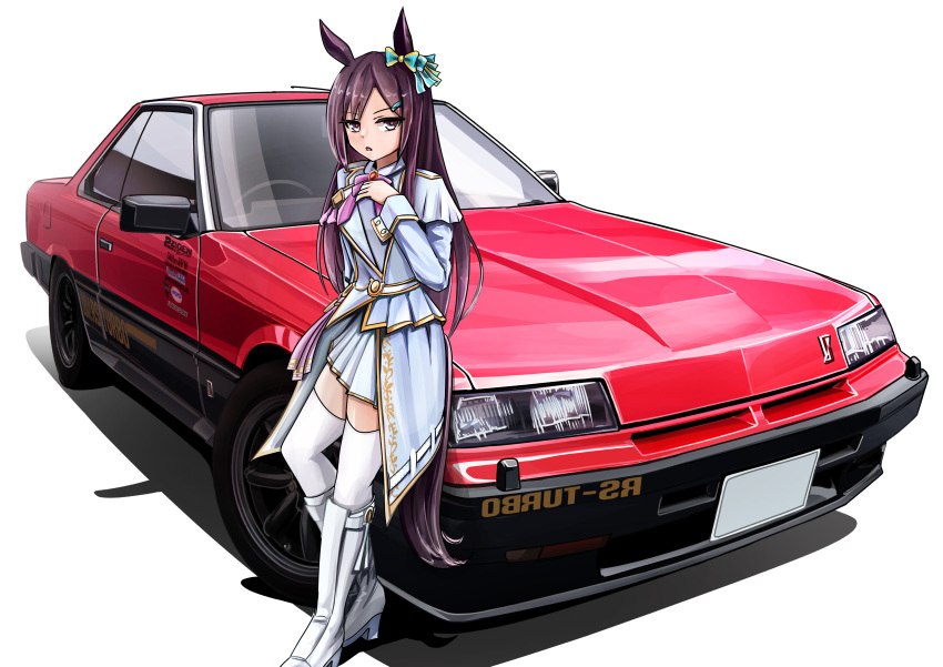 1girl, 3books, absurdres, animal_ears, blue_jacket, blue_skirt, car, commentary_request, commission, highres, horse_ears, horse_girl, horse_tail, jacket, long_hair, long_sleeves, looking_at_viewer, mejiro_dober_(umamusume), motor_vehicle, nissan, nissan_skyline, nissan_skyline_r31, open_mouth, pleated_skirt, shadow, skeb_commission, skirt, solo, standing, tail, thigh-highs, umamusume, upper_body, white_background, white_footwear, white_thighhighs