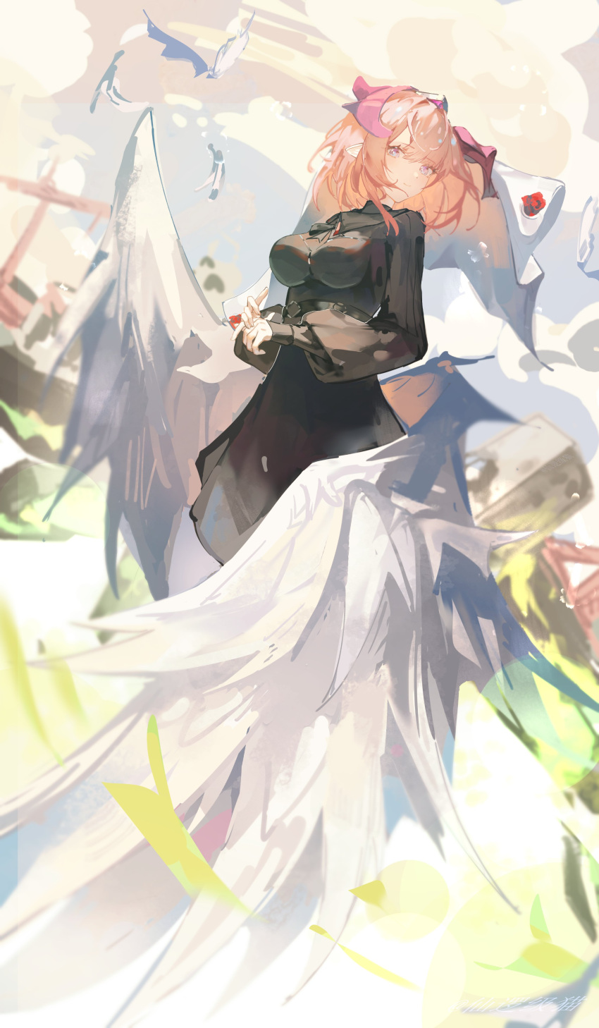 1girl, absurdres, angel_wings, bird, black_dress, breasts, bridal_veil, dress