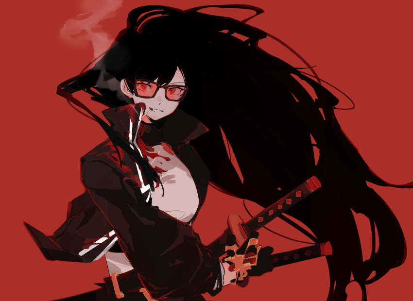 1girl, black_hair, black_jacket, blood, blood_on_clothes, cigarette, collared_jacket, glasses, grin, highres, jacket, katana, limbus_company, long_hair, looking_at_viewer, munh422, open_clothes, open_jacket, project_moon, red-tinted_eyewear, red_background, ryoshu_(project_moon), sheath, sheathed, shirt, simple_background, smile, smoke, smoking, solo, sword, tinted_eyewear, upper_body, weapon, white_shirt