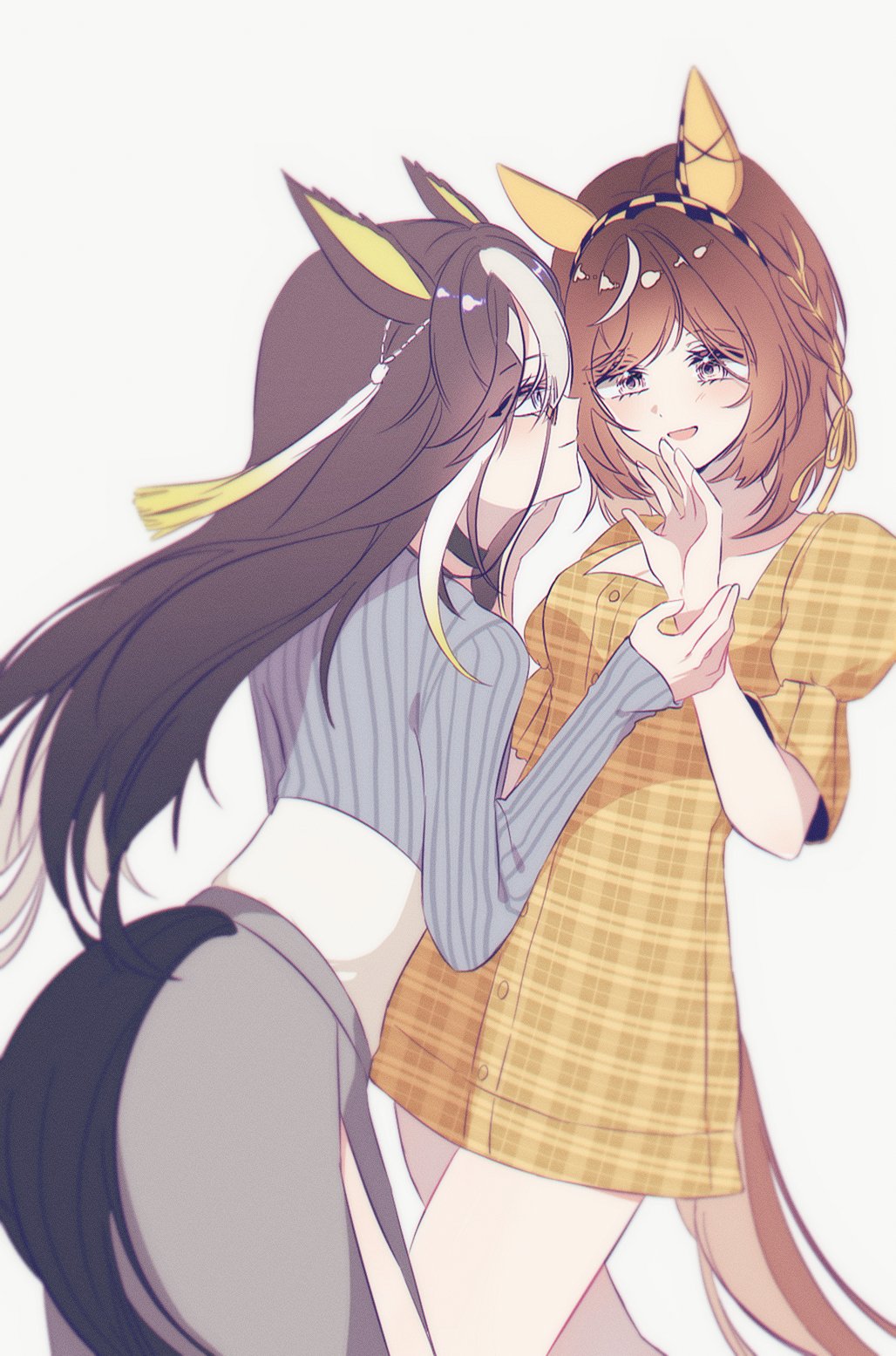 2girls, animal_ears, black_hair, black_skin, brown_hair, buena_vista_(umamusume), closed_mouth, colored_skin