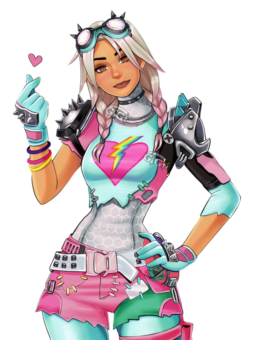 1girl, armor, belt, blue_panties, bodysuit, bracelet, braid, breasts, brite_raider_(fortnite), brown_eyes, brown_lips, colored_tips, cowboy_shot, finger_heart, fortnite, gigis_lab, goggles, goggles_on_head, gradient_hair, grey_belt, grey_bodysuit, grey_hair, hand_on_own_hip, heart, highres, jewelry, lightning_bolt_symbol, looking_at_viewer, multicolored_hair, panties, pink_hair, pink_shorts, shorts, shoulder_armor, small_breasts, solo, twin_braids, twintails, underwear, white_background