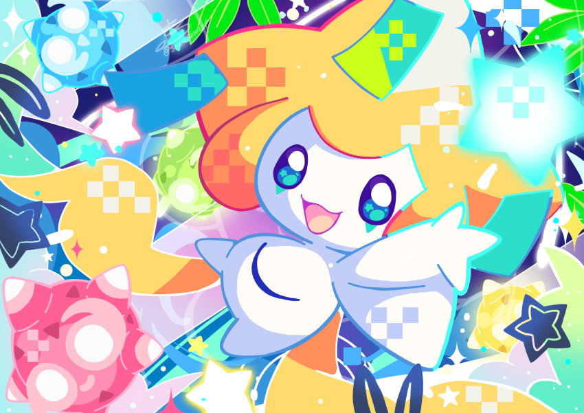 :3, :d, blue_eyes, colored_skin, commentary_request, floating, full_body, hand_up