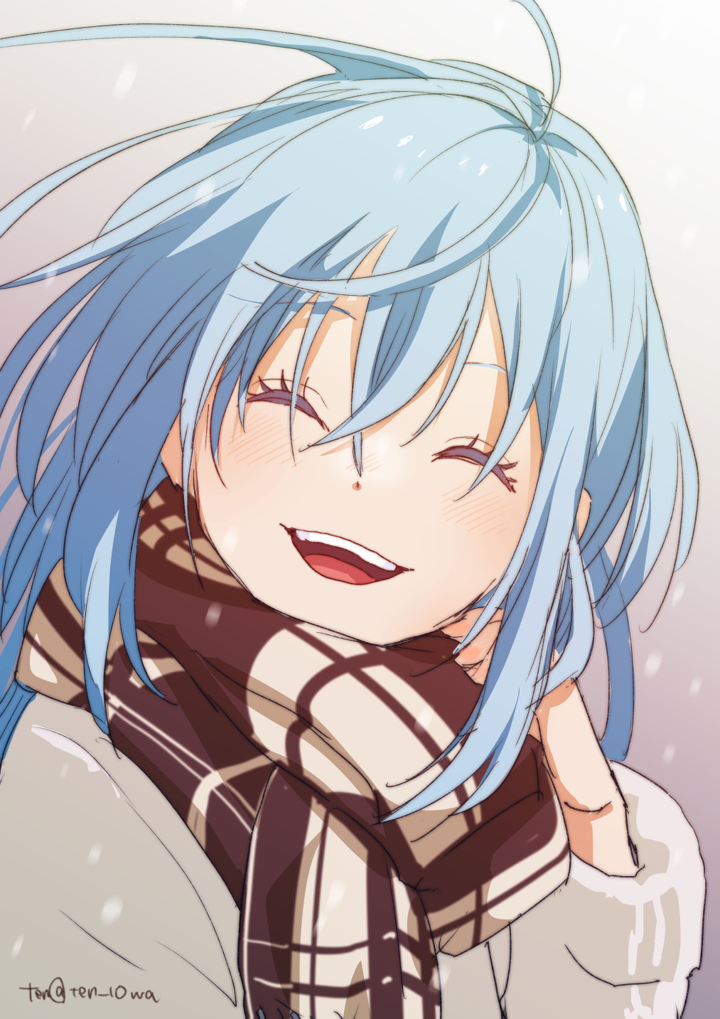 1girl, :d, ^_^, antenna_hair, black_scarf, blue_hair, blush, closed_eyes