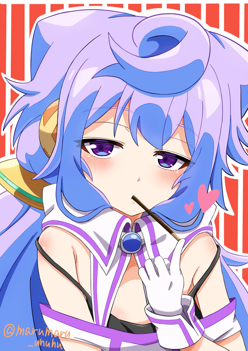 1boy, absurdres, aroma_(aromax), black_shirt, blue_hair, collar, detached_collar, food, food_in_mouth, gloves, hacka_doll, hacka_doll_3, heart, highres, long_hair, looking_at_viewer, otoko_no_ko, pocky, pocky_in_mouth, shirt, solo, twintails, violet_eyes, white_collar, white_gloves