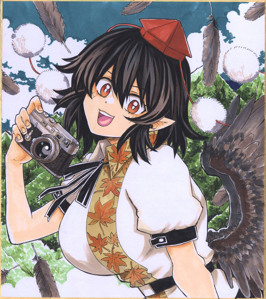 1girl, :d, absurdres, belt, bird_wings, black_belt, black_feathers, black_hair