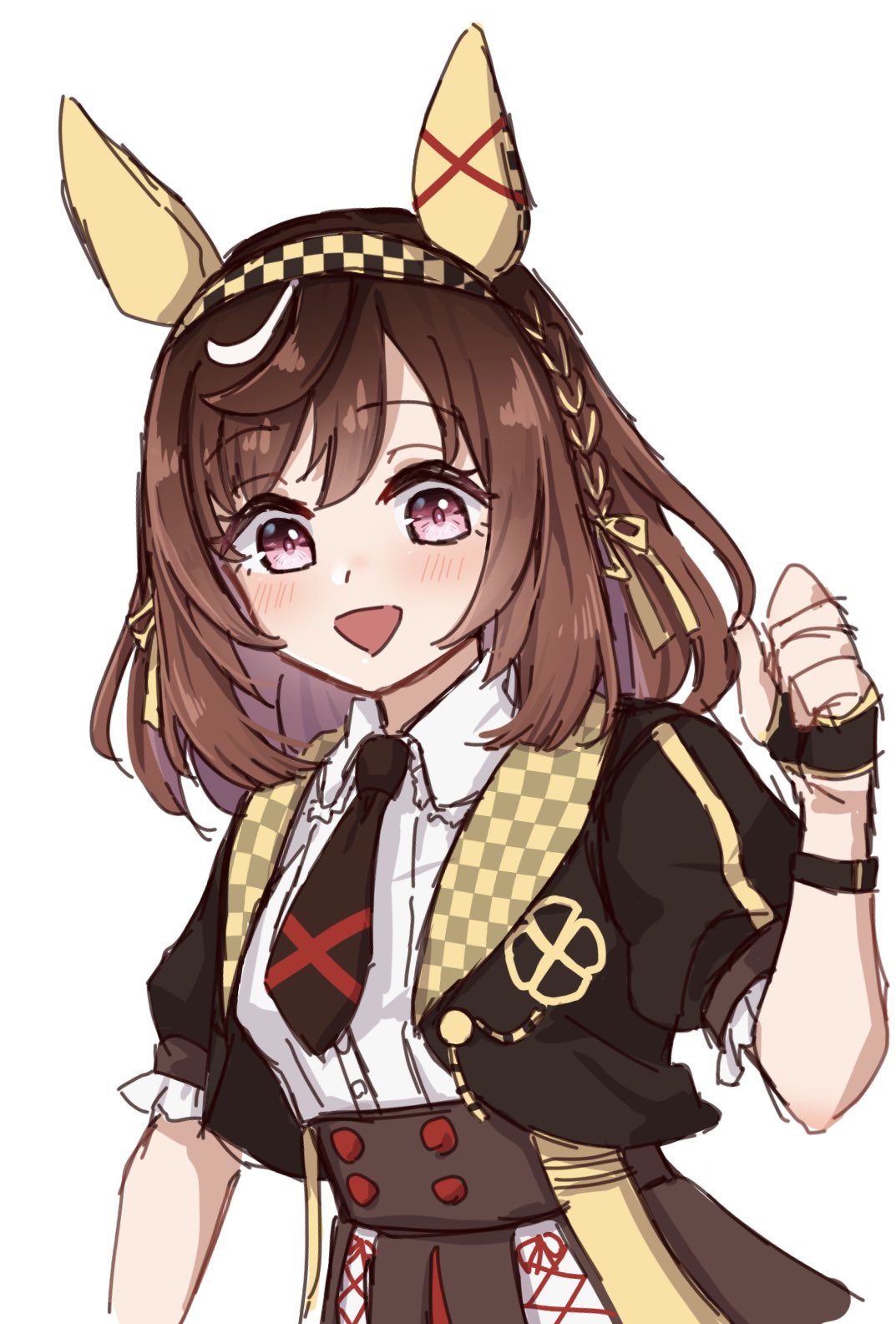 1girl, animal_ears, blush, braid, breasts, brown_hair, buena_vista_(umamusume), clenched_hand