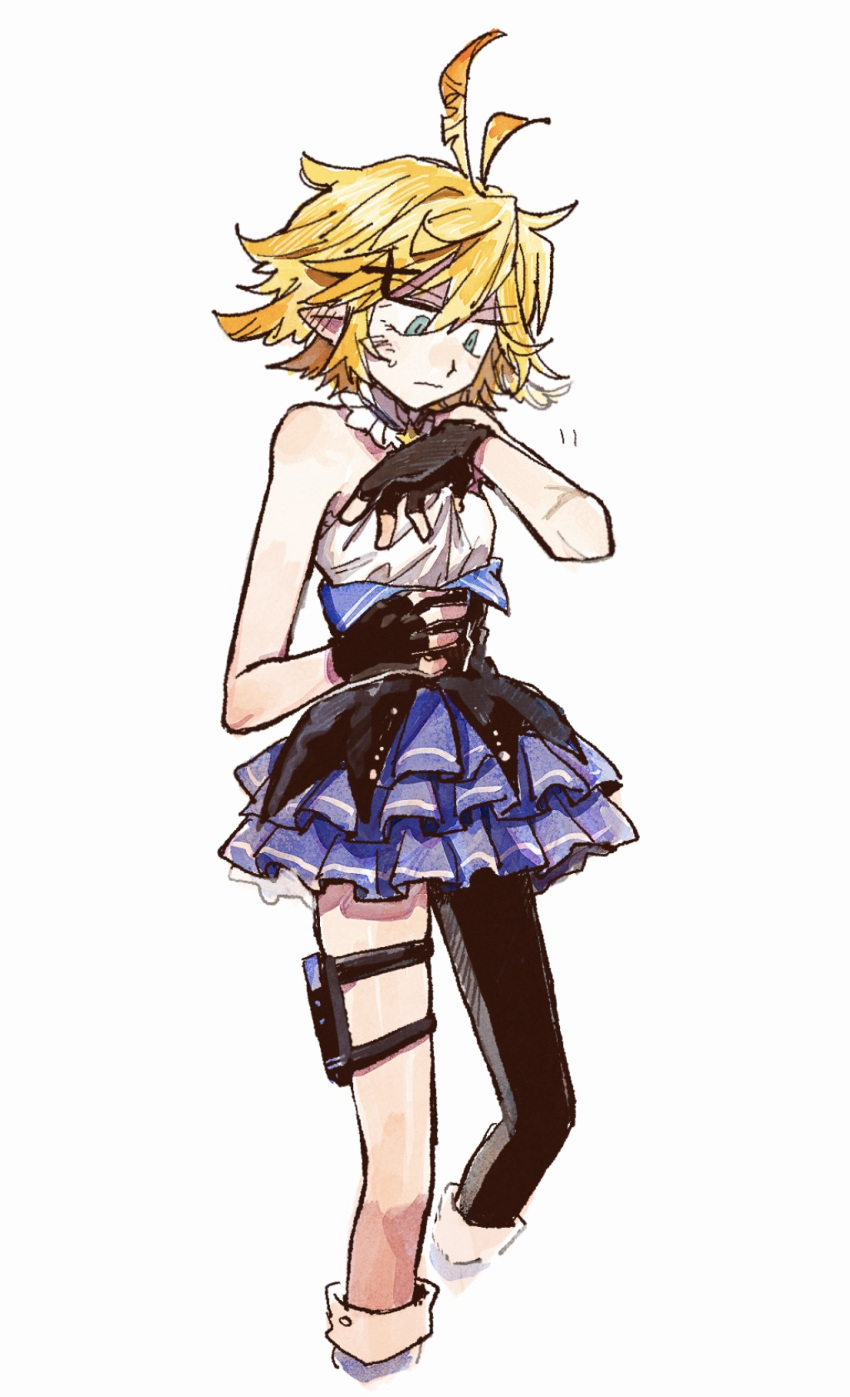 1girl, ahoge, bare_shoulders, black_gloves, blonde_hair, blue_dress, blush, breast_conscious