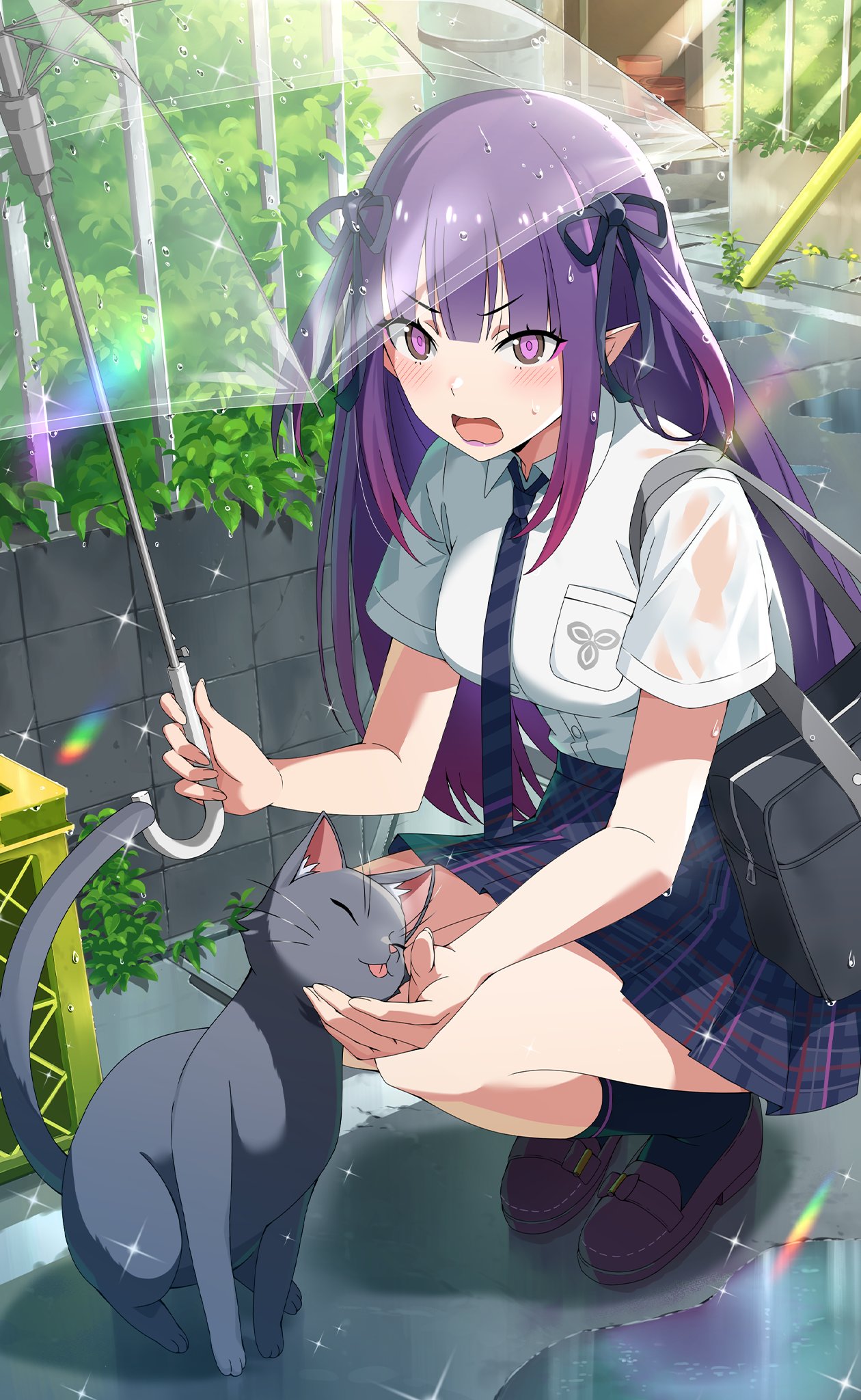 1girl, black_cat, black_necktie, black_ribbon, blush, breasts, bush, cat