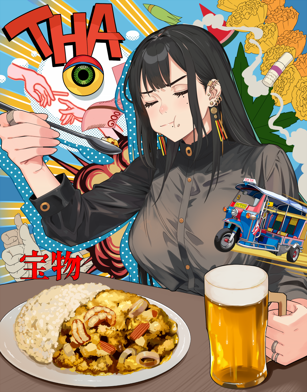 1girl, alcohol, beer, beer_mug, black_hair, blunt_bangs, breasts, closed_eyes