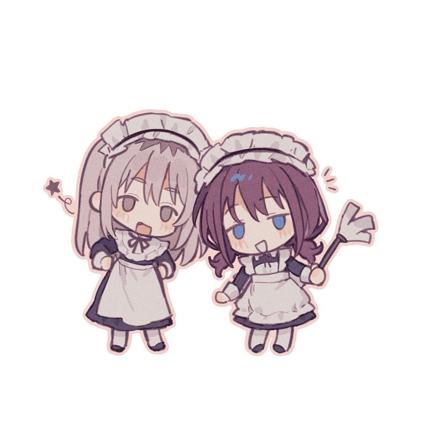 2girls, apron, black_dress, blue_eyes, blush, brown_hair, chibi, commentary