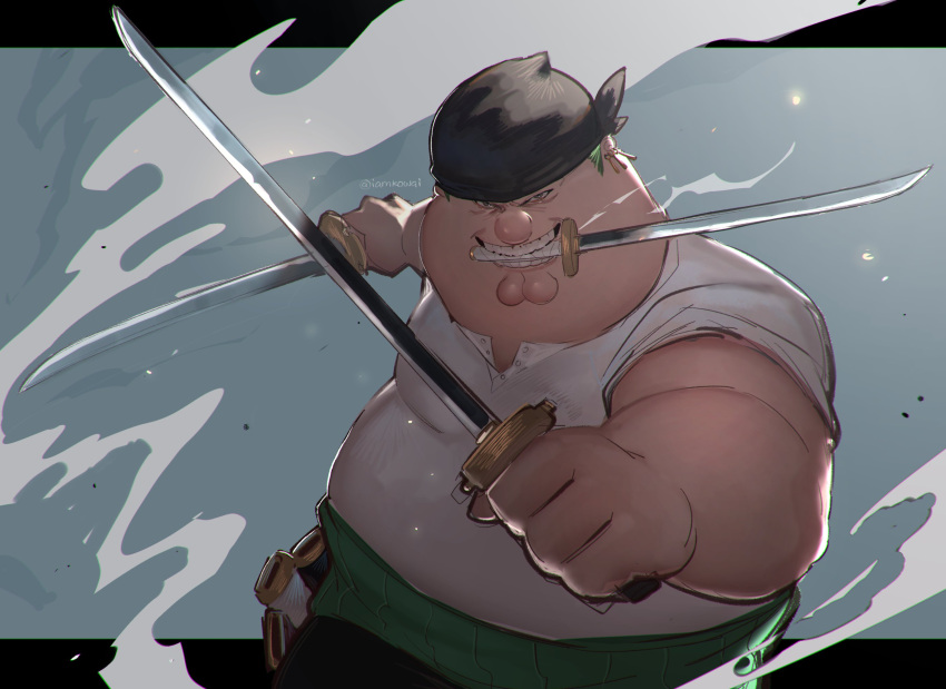 1boy, bandana, black_bandana, brown_eyes, cleft_chin, cosplay, earrings, family_guy