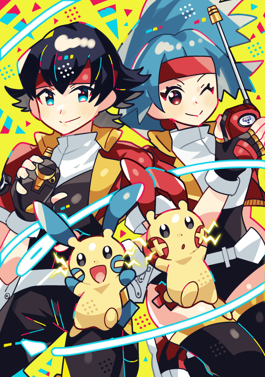 1boy, 1girl, anidler91, black_gloves, black_hair, black_pants, black_thighhighs, blue_eyes