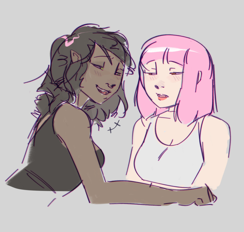 2girls, adventure_time, black_hair, black_top, blush, chemise, crop_top, grey_top