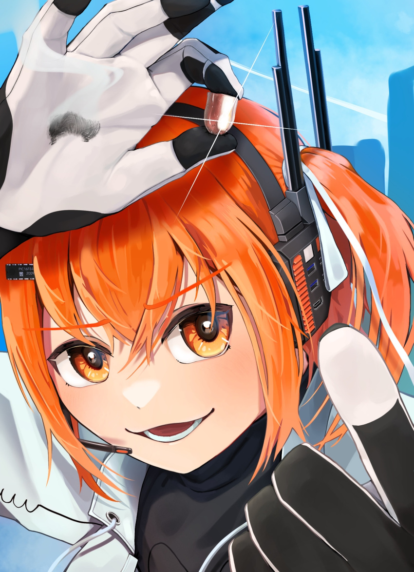 1girl, a.i._voice, adachi_rei, black_shirt, blue_background, bullet, catching_bullet, computer_chip