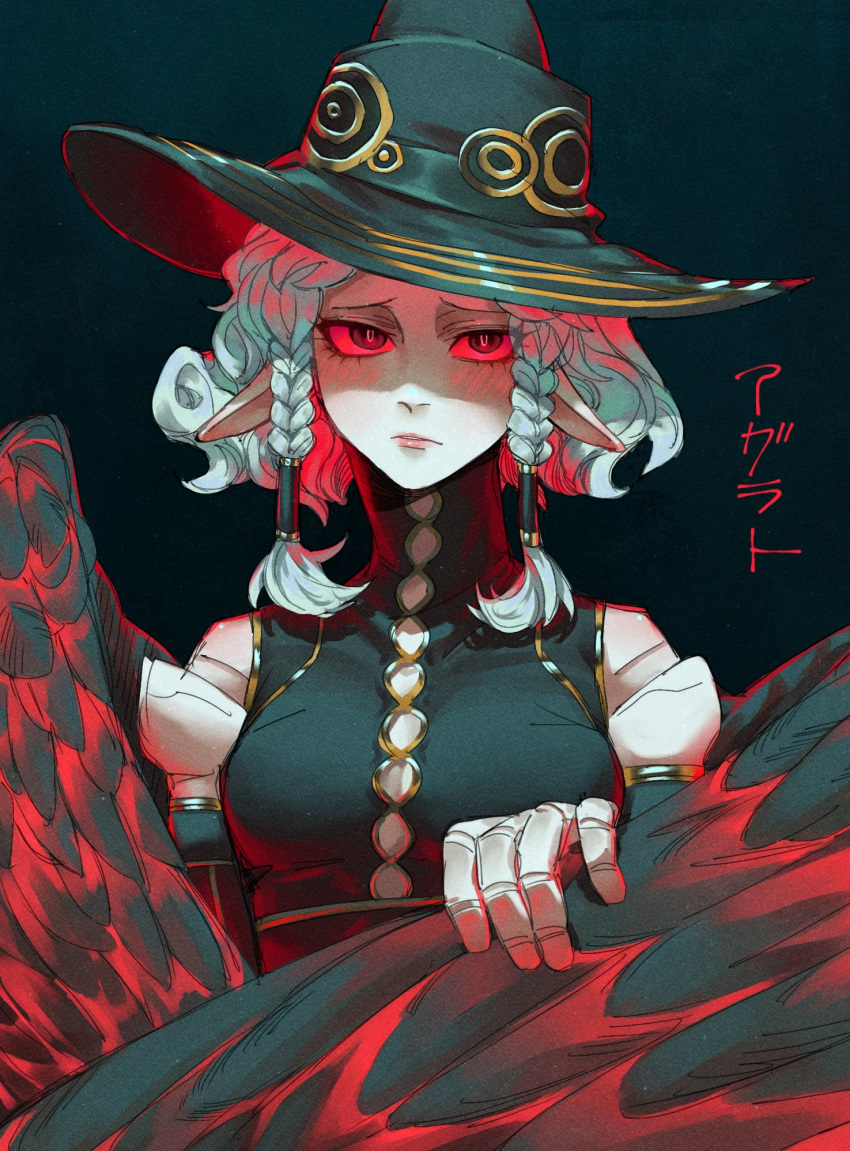 1girl, agrat_bat_mahlat_(megami_tensei), andrich_galam, black_hat, black_wings, blush, braid, breasts, colored_sclera, colorized, derivative_work, feathered_wings, feathers, furrowed_brow, hat, highres, light_frown, looking_at_viewer, pointy_ears, red_eyes, red_light, red_sclera, shin_megami_tensei, shin_megami_tensei_v, shin_megami_tensei_v:_vengeance, short_hair, side_braid, sidelocks, solo, third-party_edit, upper_body, white_hair, wings, witch, witch_hat, zezeko_momo