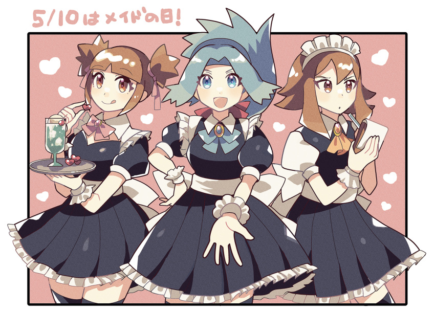 3girls, :d, :o, :q, alternate_costume, anidler91, black_dress, black_thighhighs