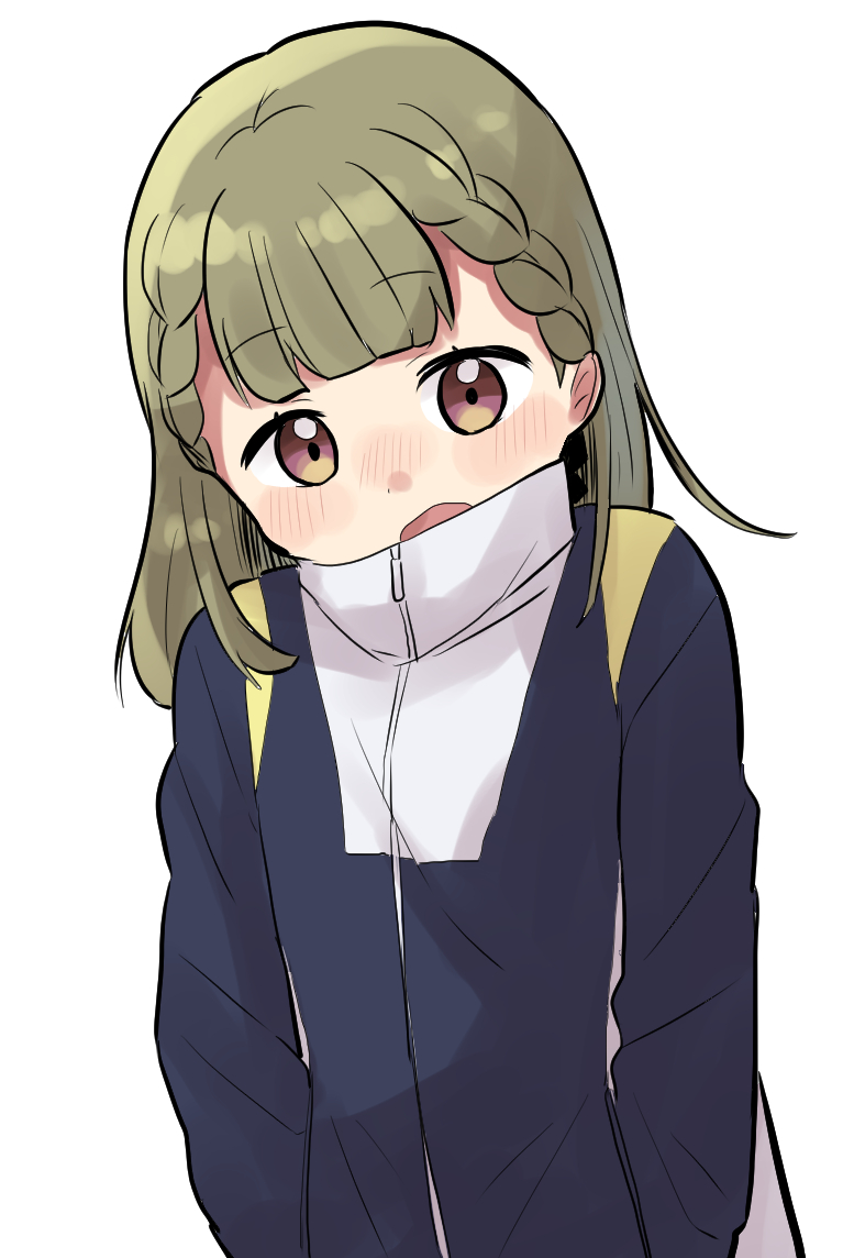 1girl, blush, braid, brown_eyes, center-flap_bangs, collared_jacket, commentary_request, green_hair
