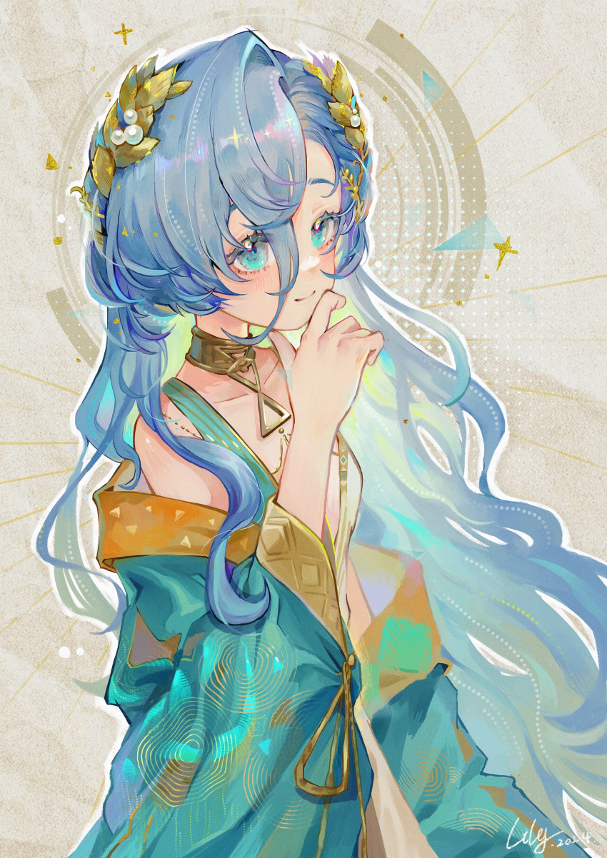 1girl, 2024, 37_(reverse:1999), absurdres, ancient_greek_clothes, aqua_robe, artist_name, bare_shoulders