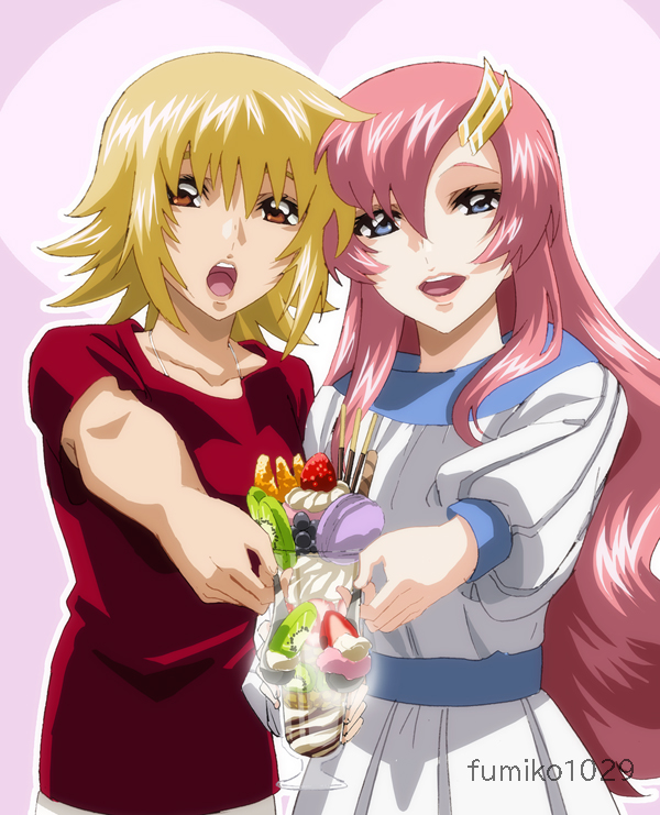 2girls, artist_name, blonde_hair, blue_eyes, cagalli_yula_athha, cup, desert, dress