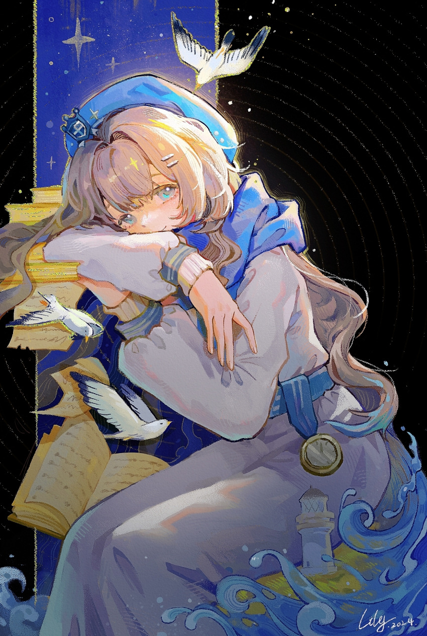 1girl, 2024, anchor_hat_ornament, arm_pillow, artist_name, belt, beret, bird