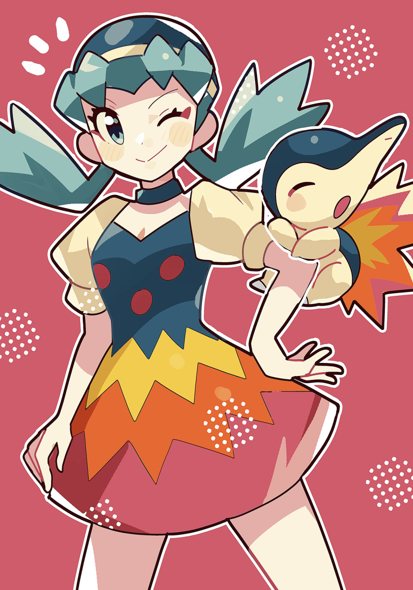 1girl, alternate_costume, anidler91, blue_choker, blue_dress, blue_hair, blue_hat, blush, blush_stickers, choker, closed_mouth, commentary_request, cyndaquil, dress, eyelashes, hand_on_own_hip, hat, highres, kris_(pokemon), long_hair, multicolored_clothes, multicolored_dress, one_eye_closed, open_mouth, orange_dress, outline, pokemon, pokemon_(creature), pokemon_gsc, puffy_short_sleeves, puffy_sleeves, red_background, short_sleeves, smile, twintails, white_outline