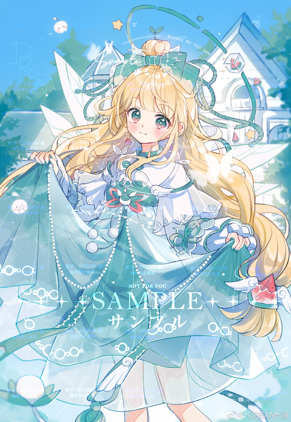 1girl, aqua_bow, aqua_collar, aqua_dress, aqua_eyes, blonde_hair, blue_sky, bow