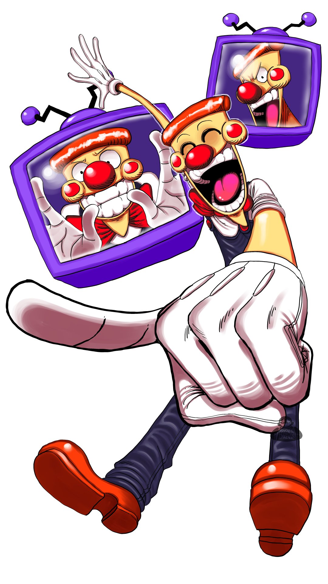 1boy, ^_^, artist_name, blue_overalls, blush_stickers, bow, bowtie, brown_footwear