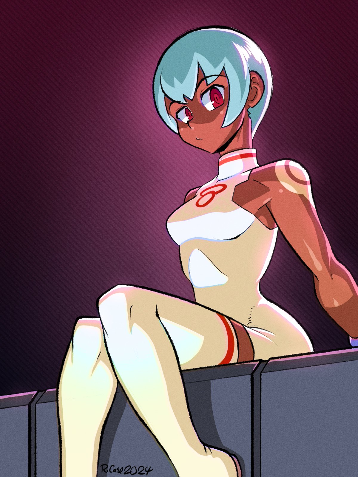 1girl, aqua_hair, bare_shoulders, boots, breasts, closed_mouth, dark-skinned_female, dark_skin