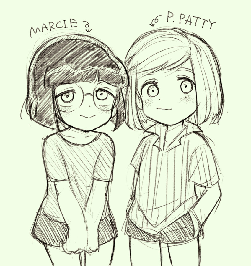 2girls, blunt_bangs, blush, bob_cut, eisu_(eith), freckles, glasses, hands_in_pockets, highres, inverted_bob, marcie_(peanuts), multiple_girls, patty_(peanuts), peanuts_(comic), short_hair, short_shorts, shorts, sketch, skirt, swept_bangs