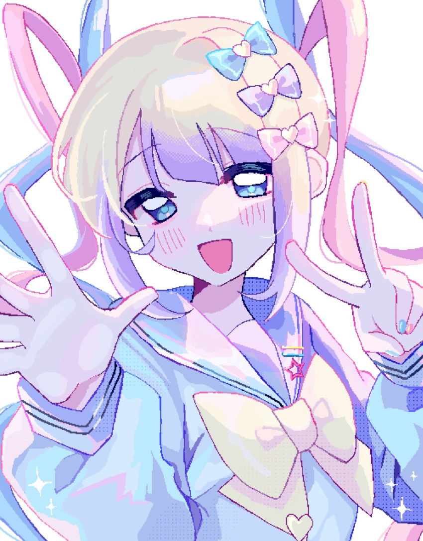 1girl, :d, blonde_hair, blue_bow, blue_eyes, blue_hair, blue_nails, blue_shirt, bow, chouzetsusaikawa_tenshi-chan, commentary, hair_bow, hair_ornament, hands_up, heart, heart_hair_ornament, highres, jaggy_lines, long_hair, long_sleeves, looking_at_viewer, multicolored_hair, nail_polish, needy_girl_overdose, open_hand, open_mouth, pink_bow, pink_hair, pink_nails, purple_bow, purple_hair, quad_tails, sailor_collar, shirt, shizumu_(shi_zumu), smile, solo, sparkle, symbol-only_commentary, upper_body, v, white_background, yellow_bow