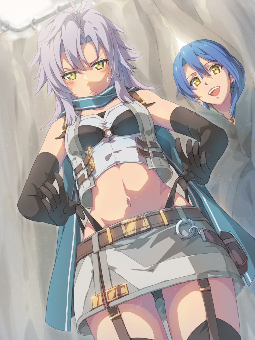2girls, belt_pouch, black_gloves, blue_hair, blush, breasts, chiharu_(9654784), crop_top, cropped_jacket, curtains, double-parted_bangs, eiyuu_densetsu, elbow_gloves, embarrassed, fie_claussell, gloves, green_eyes, hair_between_eyes, highres, laura_s._arseid, long_hair, looking_at_viewer, multiple_girls, navel, open_mouth, peeking_out, pouch, scarf, sen_no_kiseki, sen_no_kiseki_iii, sidelocks, small_breasts, smile, strap, thigh_strap, white_hair, yellow_eyes