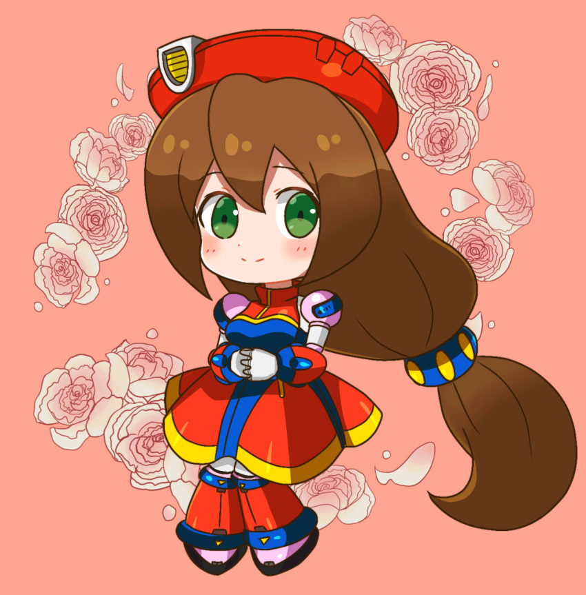 1girl, 398sky, beret, blue_dress, blush, brown_hair, chibi, chibi_only