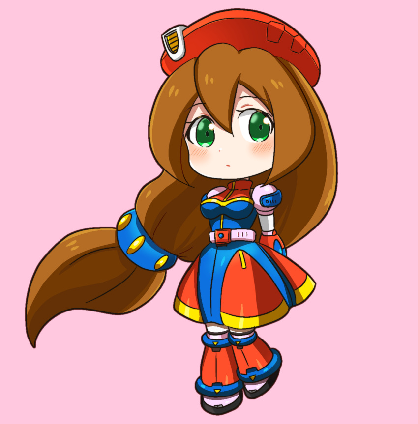 1girl, 398sky, arms_behind_back, beret, blue_dress, blush, brown_hair, chibi