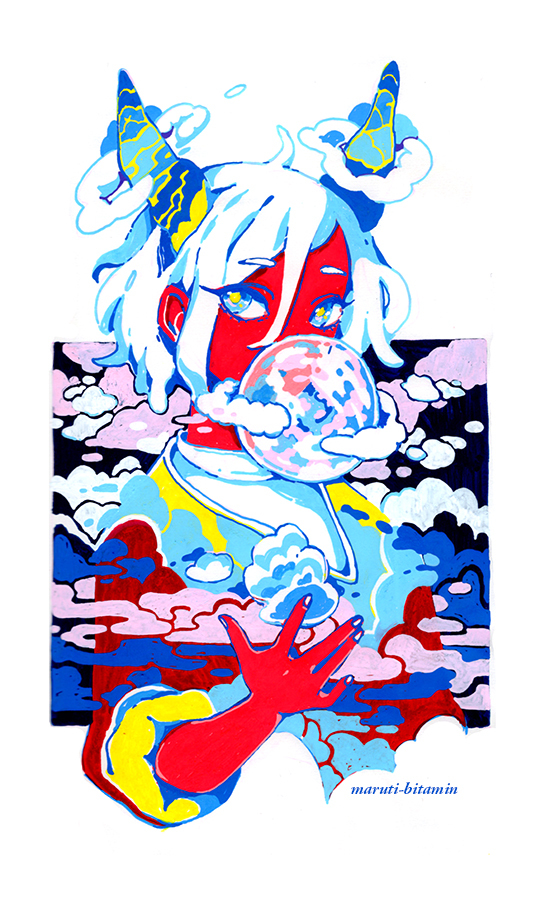 1girl, above_clouds, artist_name, black_sky, blowing_bubbles, blue_clouds, blue_eyes, blue_horns