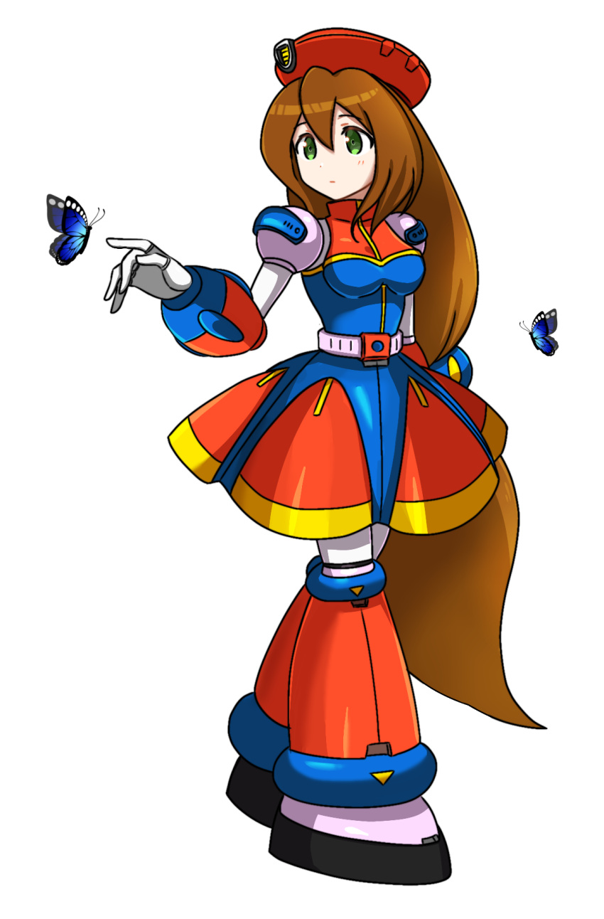 1girl, 398sky, beret, blue_dress, brown_hair, bug, butterfly, dress