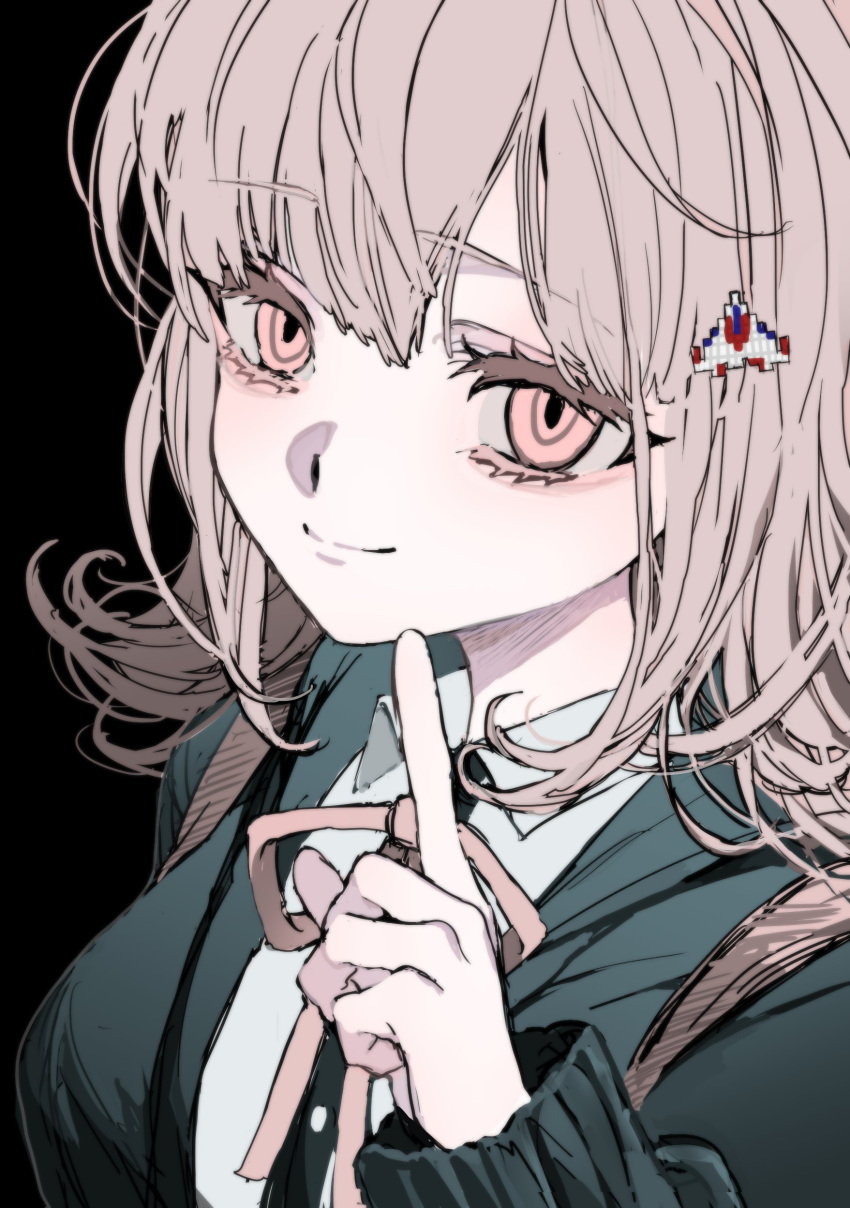 1girl, absurdres, black_background, black_jacket, black_shirt, brown_hair, closed_mouth, danganronpa_(series)