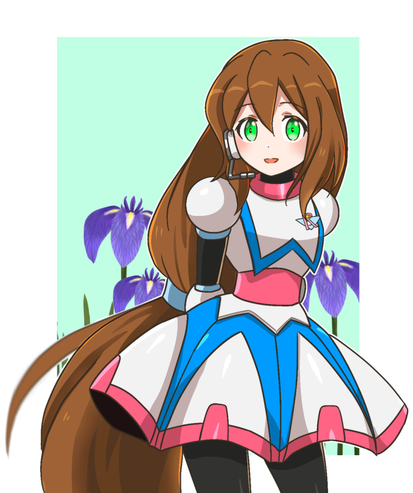 1girl, 398sky, :d, arms_behind_back, blush, border, brown_hair, cowboy_shot