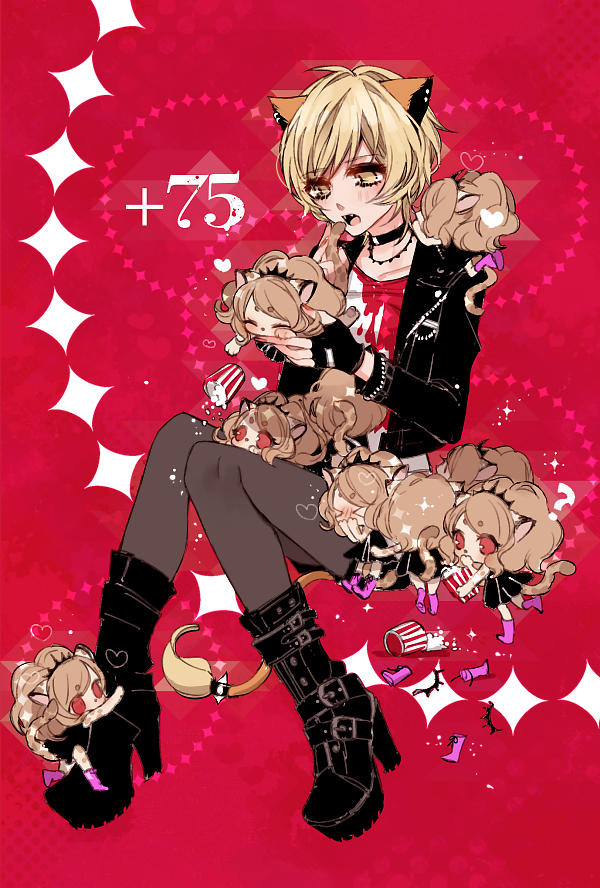 6+girls, :o, ?, animal_ears, black_choker, black_footwear, black_gloves, black_jacket