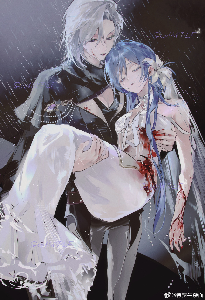 2girls, absurdres, artist_name, blood, blood_on_arm, blood_on_clothes, blue_hair, carrying, character_request, closed_eyes, copyright_request, cowboy_shot, dress, earrings, expressionless, flower, grey_eyes, hair_flower, hair_ornament, highres, injury, jewelry, long_hair, medium_hair, multiple_girls, outdoors, parted_lips, princess_carry, rain, sample_watermark, sleeveless, sleeveless_dress, standing, telaniunzamian, watermark, weibo_watermark, white_dress, white_hair