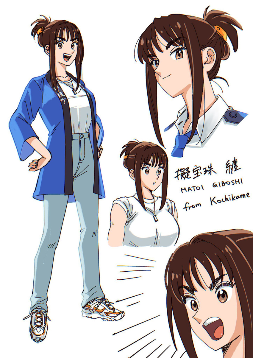 1girl, between_breasts, breasts, brown_eyes, brown_hair, folded_ponytail, giboshi_matoi, highres