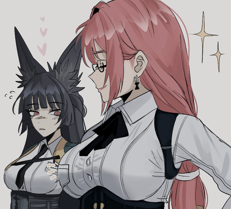 2girls, animal_ears, aqua_jacket, black-framed_eyewear, black_hair, black_necktie, closed_eyes, collared_shirt