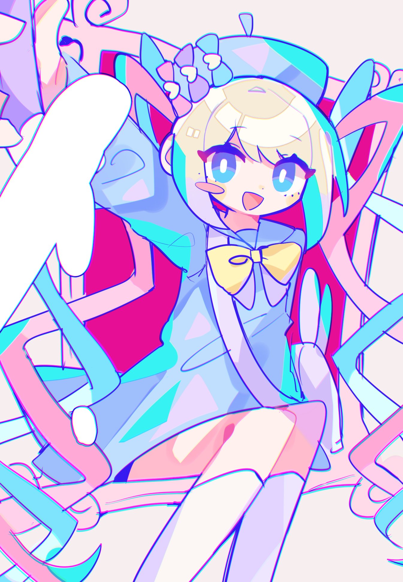 1girl, :d, beret, blonde_hair, blue_bow, blue_dress, blue_eyes, blue_hair, blue_hat, blush_stickers, bow, bright_pupils, chouzetsusaikawa_tenshi-chan, cubism_(needy_girl_overdose), dress, feet_out_of_frame, hand_up, hat, hat_bow, highres, long_hair, long_sleeves, looking_at_viewer, multicolored_hair, needy_girl_overdose, official_alternate_costume, open_mouth, outstretched_arm, picture_frame, pink_bow, pink_hair, purple_bow, quad_tails, sailor_collar, sailor_dress, selfie, sitting, smile, socks, solo, sushiuma_m, very_long_hair, white_pupils, white_socks, yellow_bow