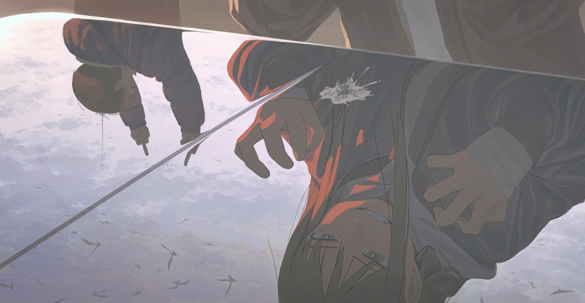 2girls, angry, arms_up, bird, blonde_hair, brown_eyes, clenched_teeth, clouds