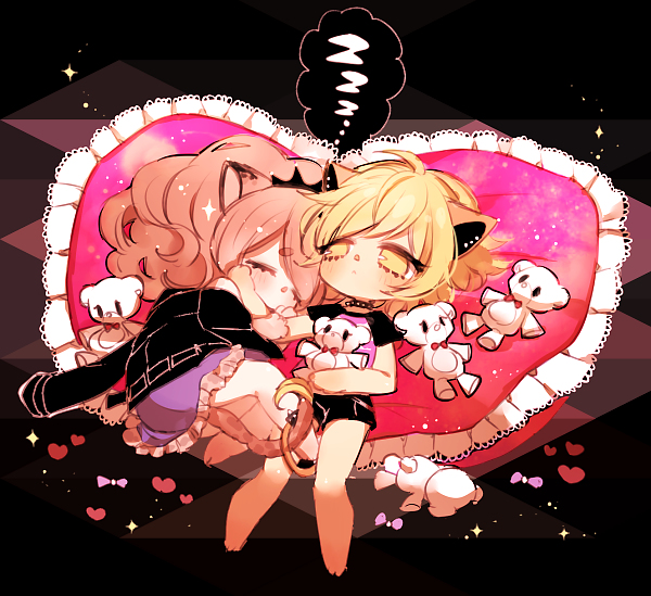 2girls, animal_ears, barefoot, black_choker, black_jacket, black_shorts, blonde_hair, brown_hair