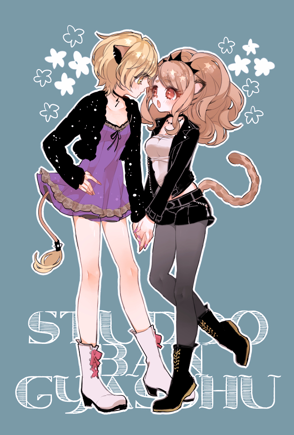 2girls, animal_ear_piercing, animal_ears, black_choker, black_footwear, black_jacket, black_pantyhose, black_shorts, blonde_hair, blue_background, boots, brown_hair, choker, citti_(show_by_rock!!), cosplay, costume_switch, dress, eye_contact, face-to-face, flower_(symbol), frilled_dress, frills, full_body, hand_on_own_hip, holding_hands, jacket, laina_(show_by_rock!!), leopard_ears, leopard_girl, leopard_tail, lion_ears, lion_girl, lion_tail, looking_at_another, mamaloni, medium_hair, multiple_girls, open_clothes, open_jacket, open_mouth, outline, pantyhose, pantyhose_under_shorts, purple_dress, red_eyes, short_hair, short_shorts, shorts, show_by_rock!!, standing, swept_bangs, tail, tail_ornament, tiara, white_footwear, white_outline, yellow_eyes