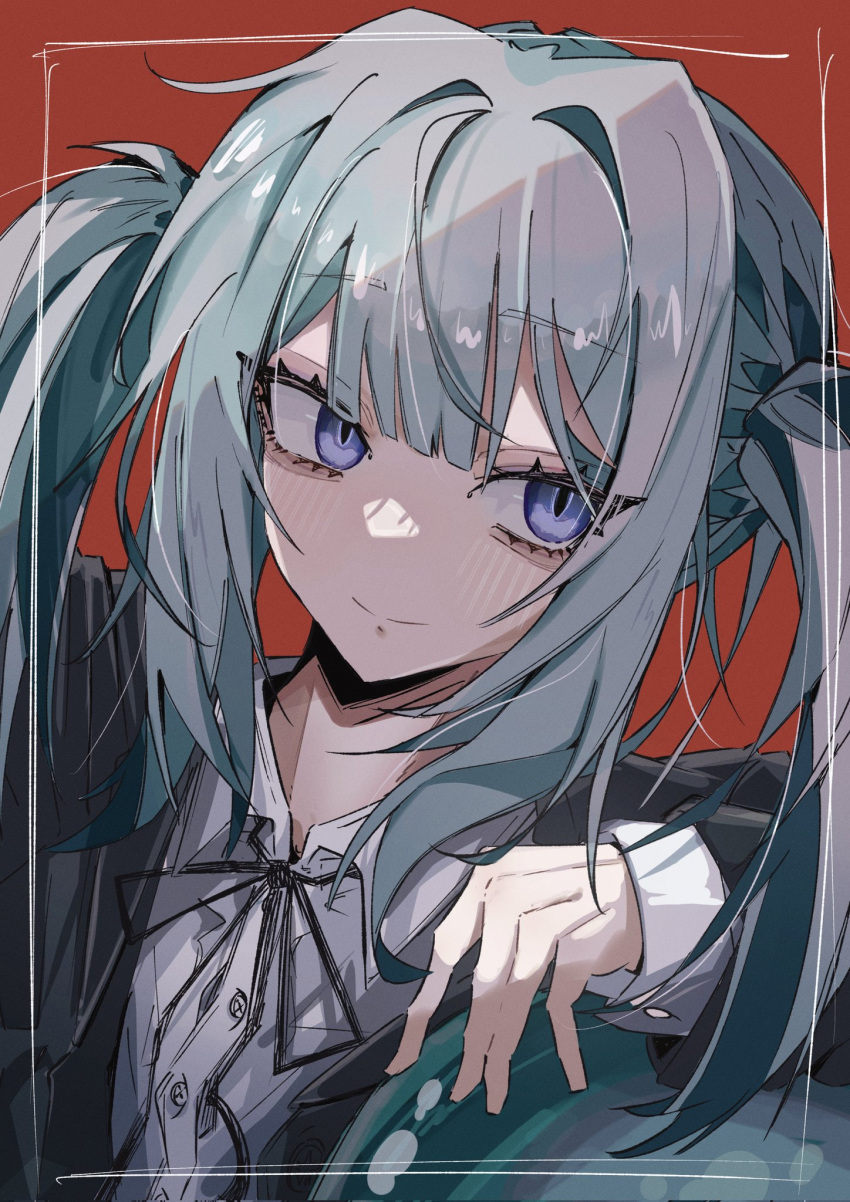 1girl, aegyo_sal, aqua_hair, black_ribbon, black_shirt, blue_eyes, blunt_bangs, buttons