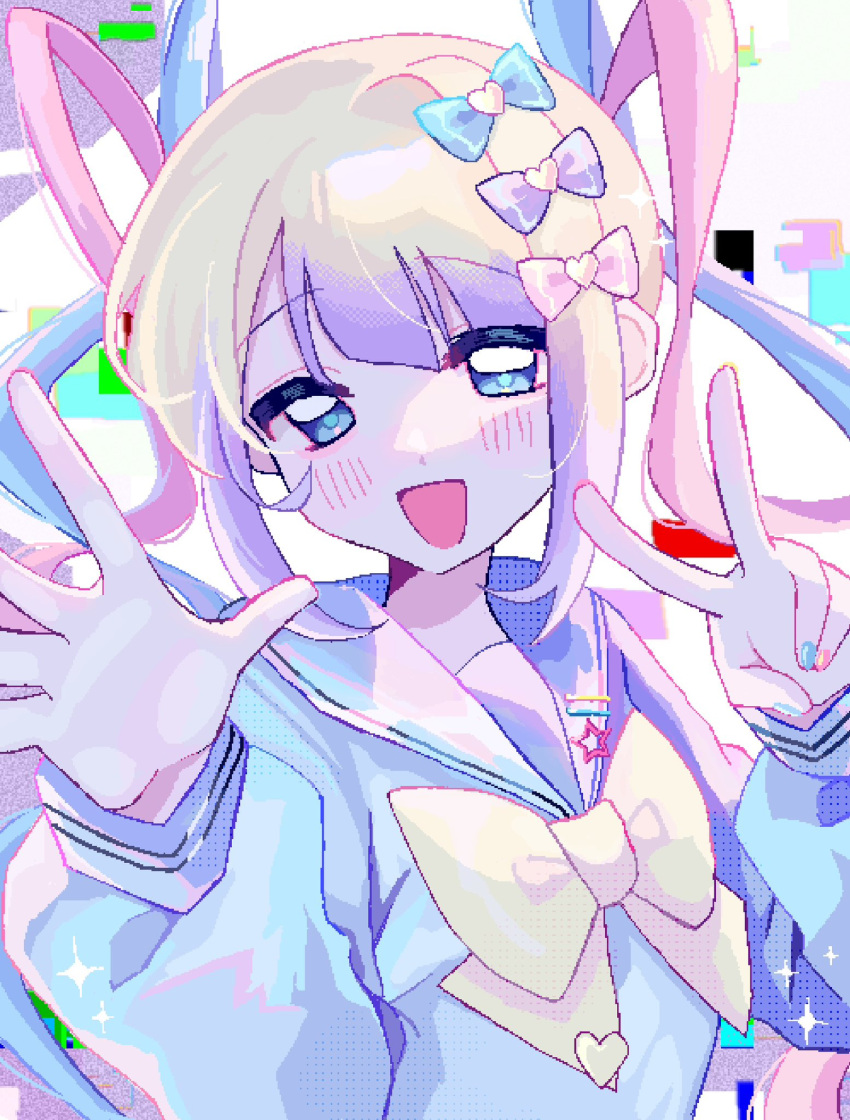 1girl, :d, blonde_hair, blue_bow, blue_eyes, blue_hair, blue_nails, blue_shirt, bow, chouzetsusaikawa_tenshi-chan, commentary, glitch, hair_bow, hair_ornament, hands_up, heart, heart_hair_ornament, highres, jaggy_lines, long_hair, long_sleeves, looking_at_viewer, multicolored_hair, nail_polish, needy_girl_overdose, open_hand, open_mouth, pink_bow, pink_hair, pink_nails, purple_bow, purple_hair, quad_tails, sailor_collar, shirt, shizumu_(shi_zumu), smile, solo, sparkle, symbol-only_commentary, upper_body, v, yellow_bow