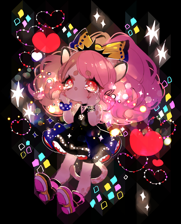 1girl, animal_ears, bare_shoulders, black_background, black_dress, bow, bracelet, citti_(show_by_rock!!), colored_skin, dress, full_body, hair_bow, hands_on_own_cheeks, hands_on_own_face, heart, jewelry, leopard_ears, leopard_girl, leopard_tail, mamaloni, medium_hair, no_mouth, pink_footwear, pink_hair, pink_skin, red_eyes, show_by_rock!!, sleeveless, sleeveless_dress, solo, sparkle, sparkling_eyes, swept_bangs, tail, tears, tiara